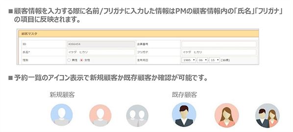 顧客情報を入力する際に名前/フリガナに入力した情報はPMの顧客情報内の「氏名」「フリガナ」の項目に反映されます。